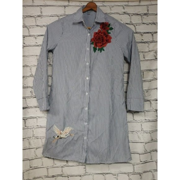 J for Justify Shirt Dress Size Small Embroidered Rose Flowers Striped Floral - Picture 2 of 12